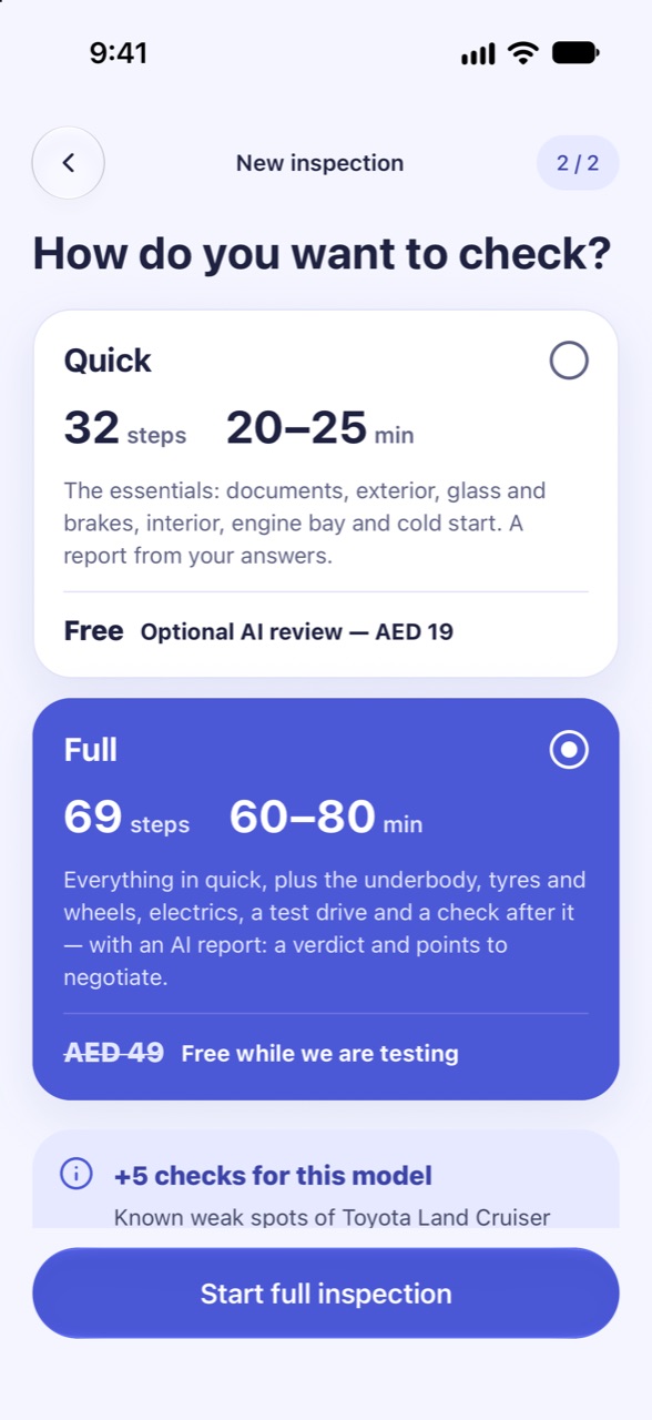 Pick quick or full: CarCheckup screen