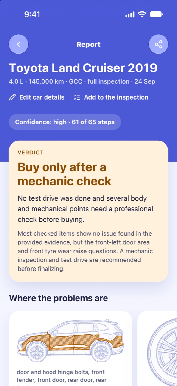 A clear verdict: CarCheckup screen
