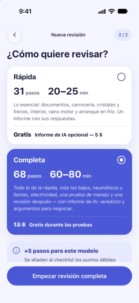 Elija rápida o completa: pantalla de CarCheckup
