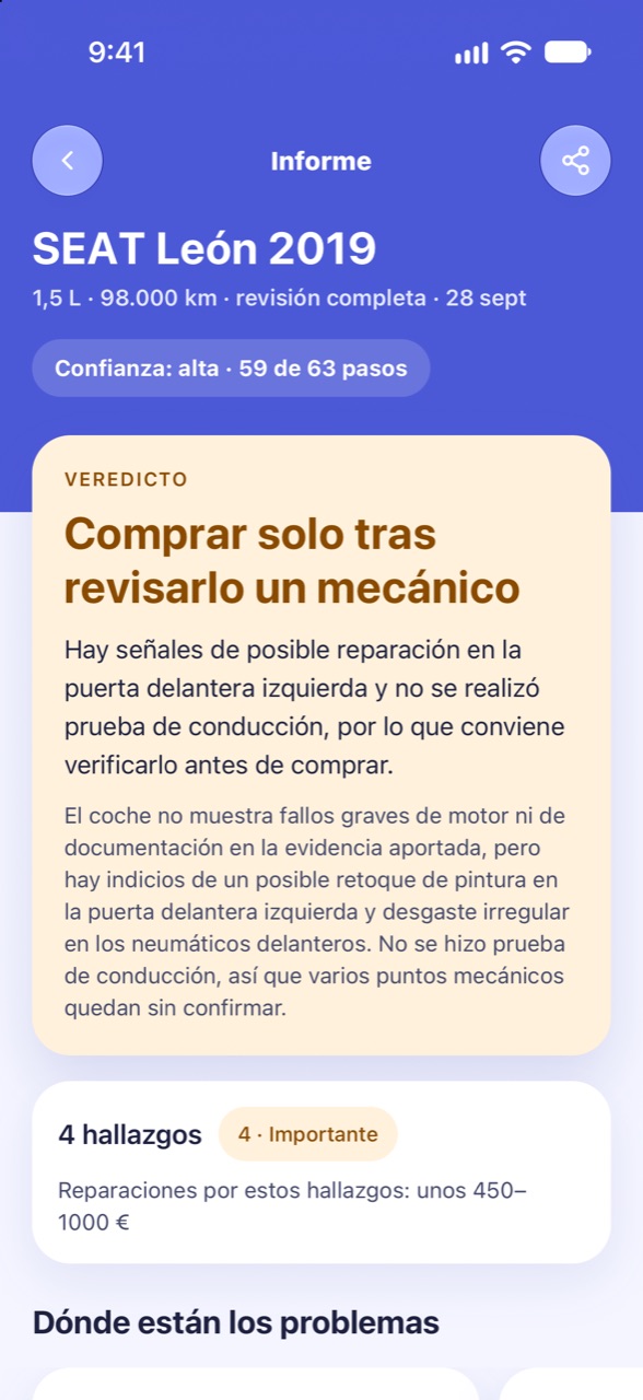 Un veredicto claro: pantalla de CarCheckup