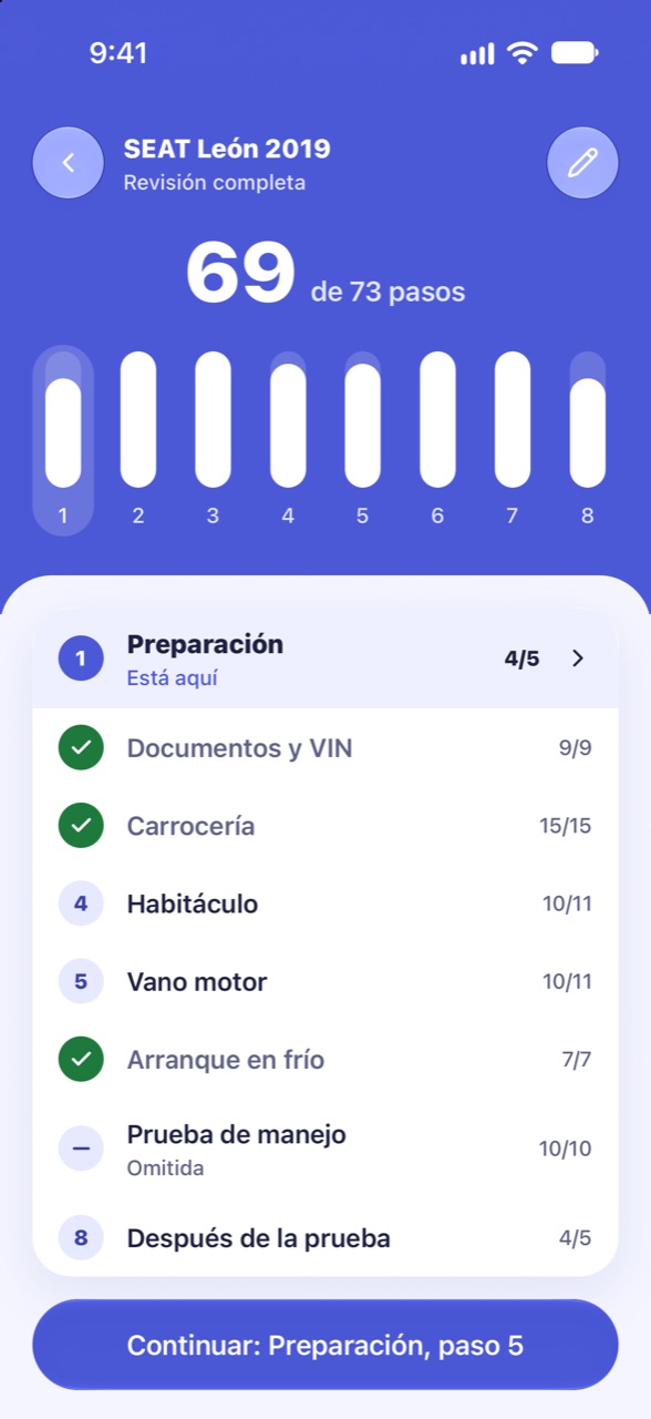 Ocho etapas: pantalla de CarCheckup