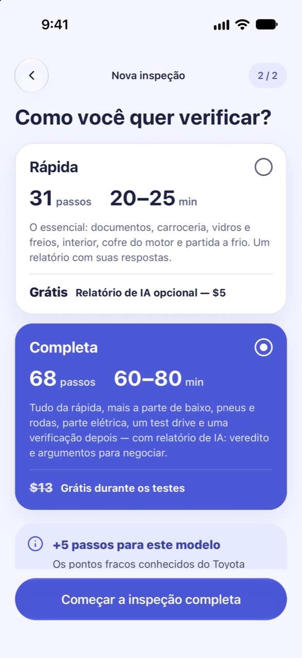 Escolha rápida ou completa: tela do CarCheckup