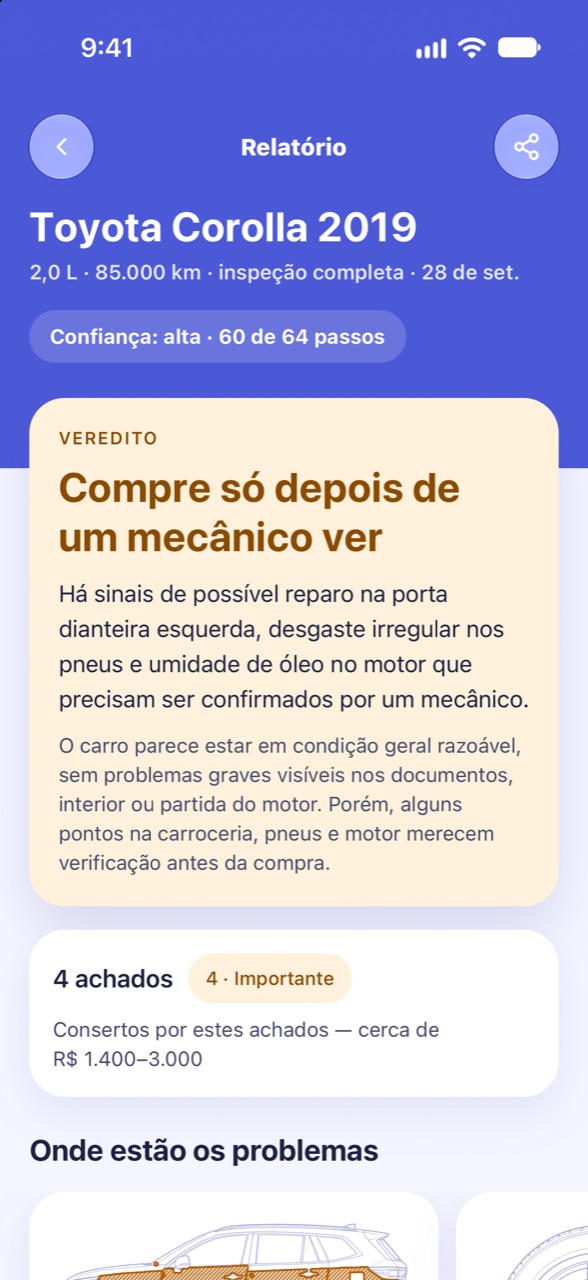 Um veredito claro: tela do CarCheckup