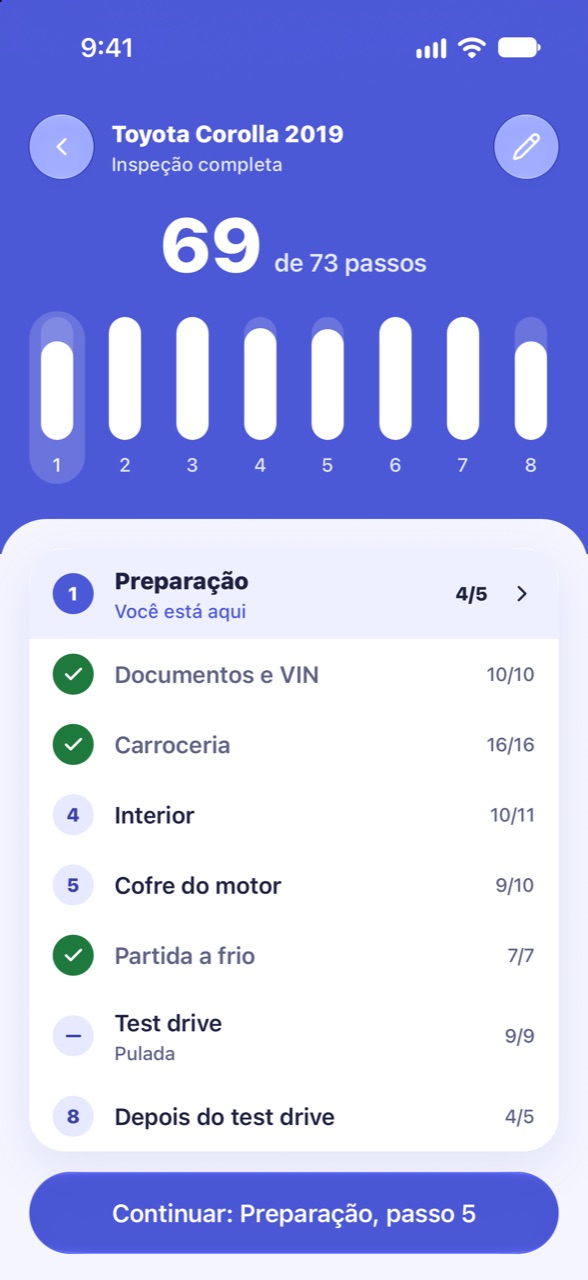Oito etapas: tela do CarCheckup
