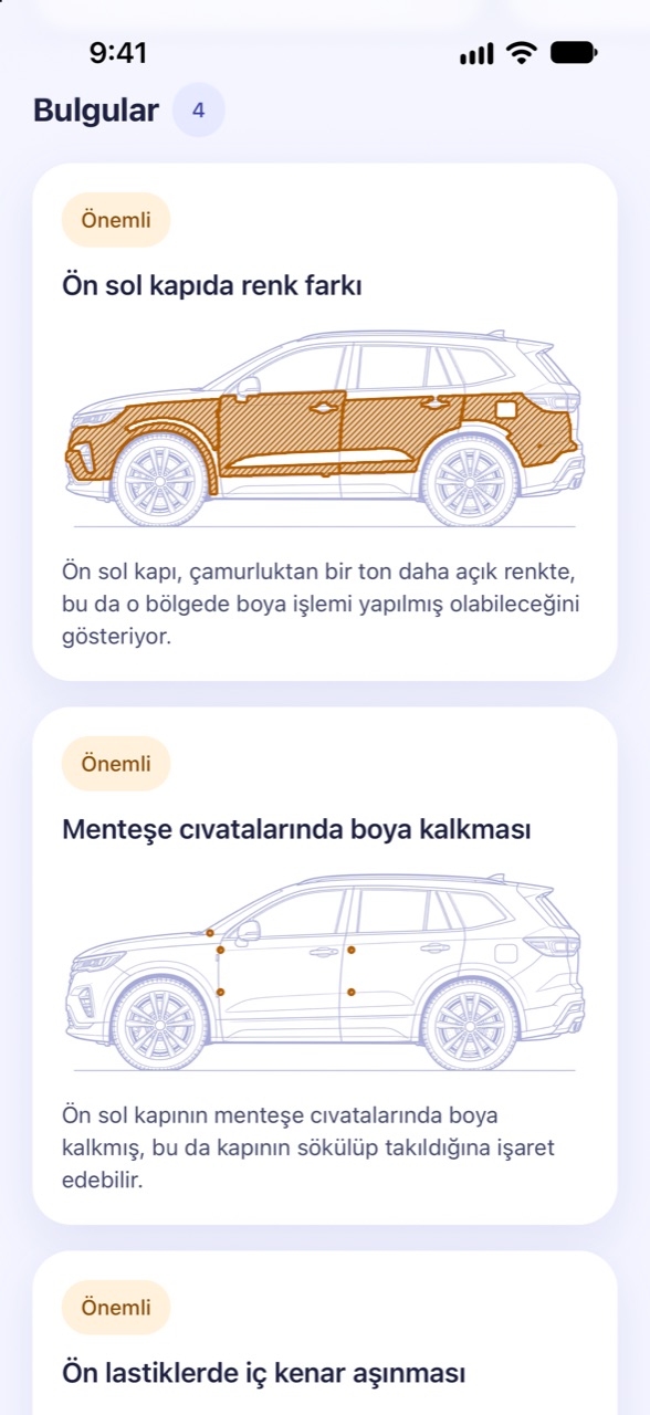 Her bulgu açıklamalı: CarCheckup ekranı