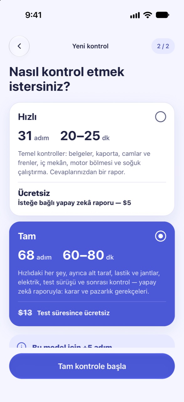 Hızlı ya da tam: CarCheckup ekranı