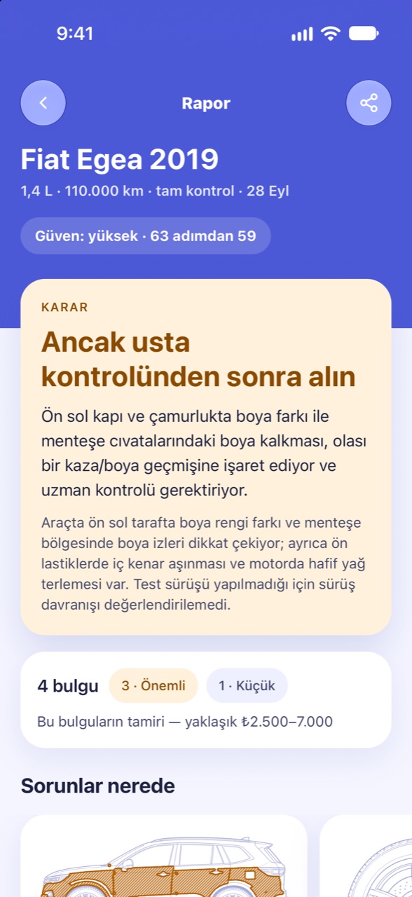 Net bir karar: CarCheckup ekranı